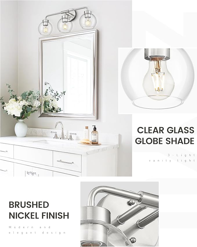 zeyu Brushed Nickel 23-Inch 3-Light Bathroom Mirror Light, ZS62BG-3W BN | Brushed Nickel Globe Vanity Light, 23-Inch 3-Light Design, Clear Globe Glass, Three E26 Bulbs Up To 60W Each, ETL Listed
