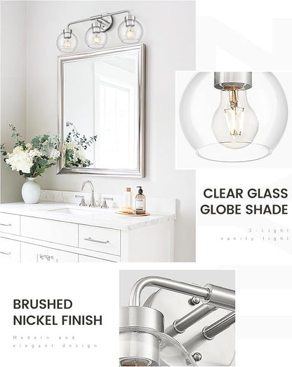 zeyu Brushed Nickel 23-Inch 3-Light Bathroom Mirror Light, ZS62BG-3W BN | Brushed Nickel Globe Vanity Light, 23-Inch 3-Light Design, Clear Globe Glass, Three E26 Bulbs Up To 60W Each, ETL Listed
