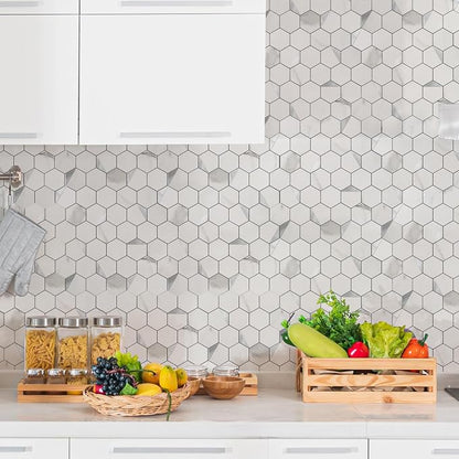 Hexagon Peel and Stick Backsplash for Kitchen Wall,20 Sheets Heat Resistant Stick on Backsplash PVC Tiles, 12'' Gray White Marble Waterproof Peel and Stick Tile for Bathroom