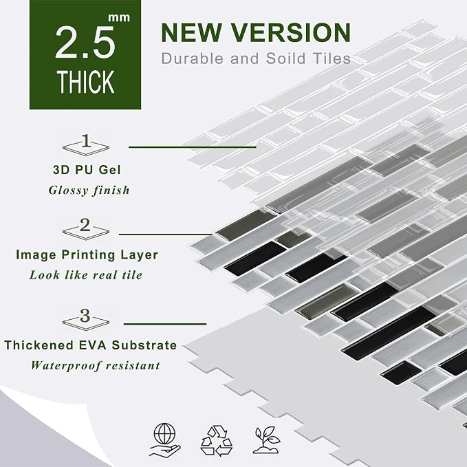 STICKGOO Thicker Peel and Stick Backsplash Tile for Kitchen and Bathroom | 10 Sheets of 12”×12” - 3D Vinyl Self Adhesive Wall Tiles Stick on Backsplash for Kitchen & Bathroom(Silver, Black)