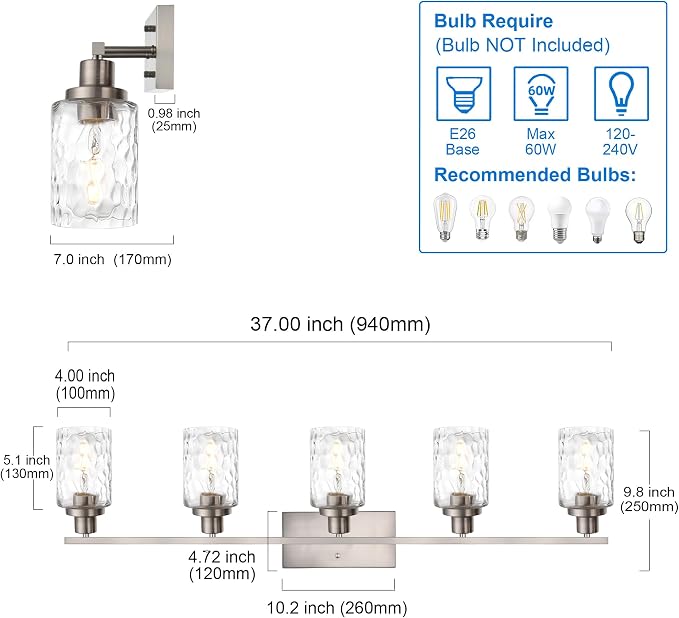 MELUCEE 5-Light Bathroom Light Fixtures Brushed Nickel Finish | Modern Vanity Light Industrial Wall Lamp with Clear Hammered Glass Shade for Powder Room Bedroom (Patent No.: US D963914 S)