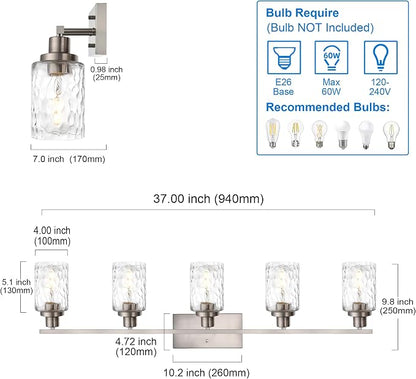 MELUCEE 5-Light Bathroom Light Fixtures Brushed Nickel Finish | Modern Vanity Light Industrial Wall Lamp with Clear Hammered Glass Shade for Powder Room Bedroom (Patent No.: US D963914 S)