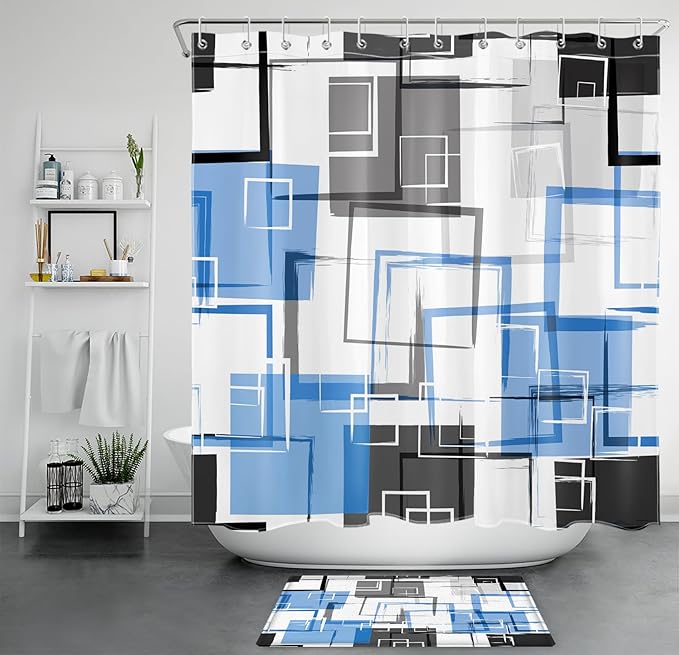 Blue Geometric Abstract Shower Curtain Sets with Rugs Blue and Gray Neutral Design Geometric Shower Curtains for Bathroom Grey Fashion Mid Century Modern Bathroom Decor, 70Lx70W inches