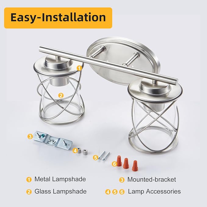 2-Lights Bathroom Vanity Lights, Bathroom Light Fixtures Over Mirror, Brushed Nickel Vanity Light, Farmhouse Wall Lights with Clear Glass Shade, Bathroom Wall Lamp for Mirror Kitchen Bedroom