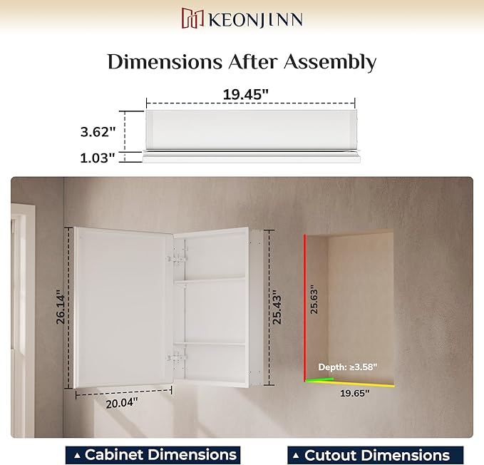 Keonjinn White Medicine Cabinet Mirror 20" x 26", Assembly Needed, Bathroom Medicine Cabinet with Mirror, Beveled Framed, Surface Wall-Mounted or Recessed, Shelves Adjustable