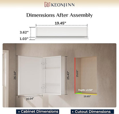 Keonjinn Small Medicine Cabinet Mirror 14" x 18", Assembly Needed, White Bathroom Medicine Cabinet with Mirror, Beveled Framed, Stepless Adjustable Shelf, One Shelf Only, Wall-Mounted or Recessed