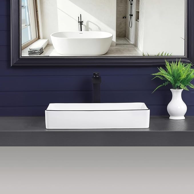 Vessel Sink 24"x14" Rectangular Bathroom Sink Modern White with Black Trim Porcelain Ceramic Above Counter Vanity Sink for Bathrooms Art Basin