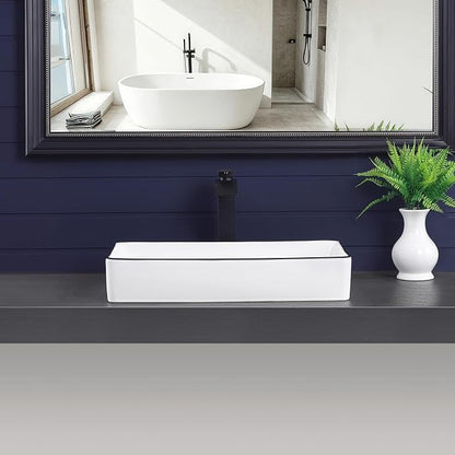 Vessel Sink 24"x14" Rectangular Bathroom Sink Modern White with Black Trim Porcelain Ceramic Above Counter Vanity Sink for Bathrooms Art Basin