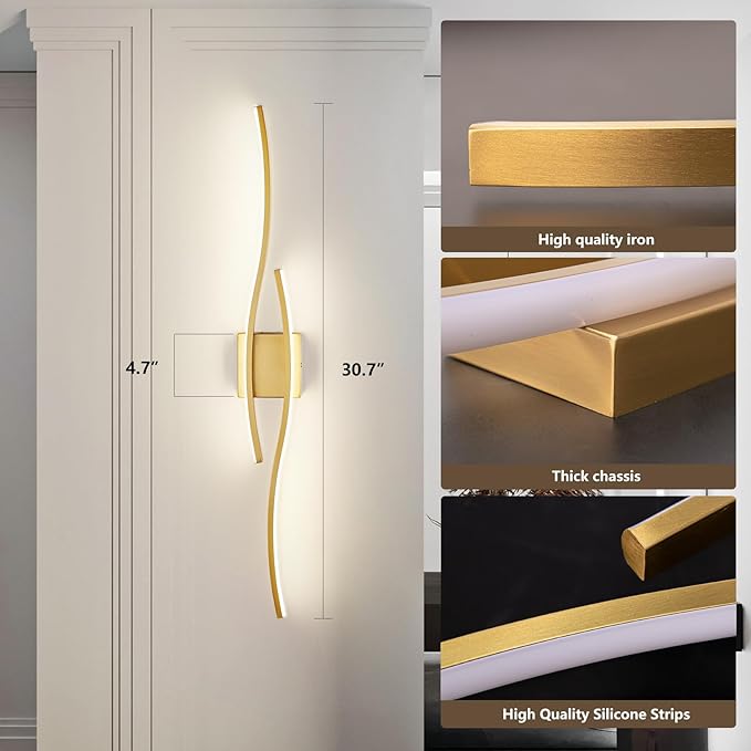 Modern Wall Sconces, Gold Wall Light Fixtures for Bedroom,3000K-6000K LED Wall Light for Living Room, Hallway, Bedroom
