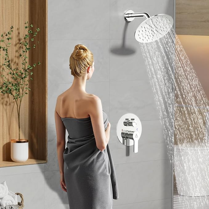 Shower Faucet Set 8IN Brass Rough-In Valve Body Trim Kit Rainfall Included Handle Accessories Complete 2 Functions with Rain Head and Handheld Bathroom Systems (8‘’, Chrome Polished)