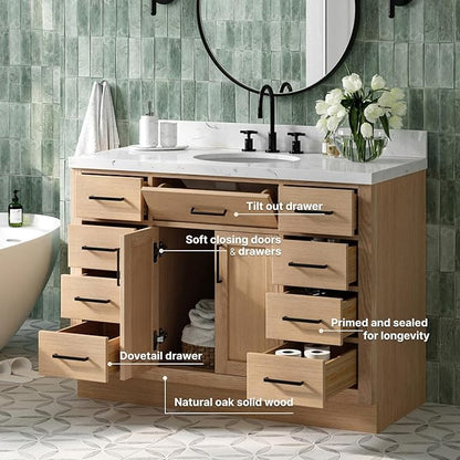 ARIEL Hepburn 48-inch Bathroom Vanity Base Cabinet,Solid Wood, 2 Soft Closing Doors, 9 Dovetail Drawers, White Oak