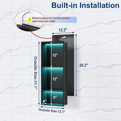 3-Tiers 12x30Inch Wall Niche with RGB LED Lights, Matte Black Recessed Shower Niche Cabinet, Stainless Steel Bathroom Shelf, NO Tile Needed Storage Organizer for Shower wall