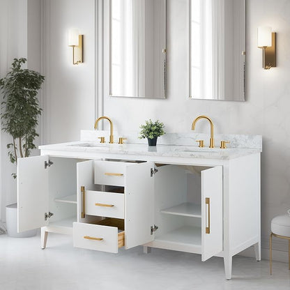 Vanity Art 72 inch Bathroom Vanity with Double Sink & Ceramic Top, Vanity Cabinet with Soft-Closing Doors, Drawers, Solid Wood Frame, White, Golden Brushed Handware