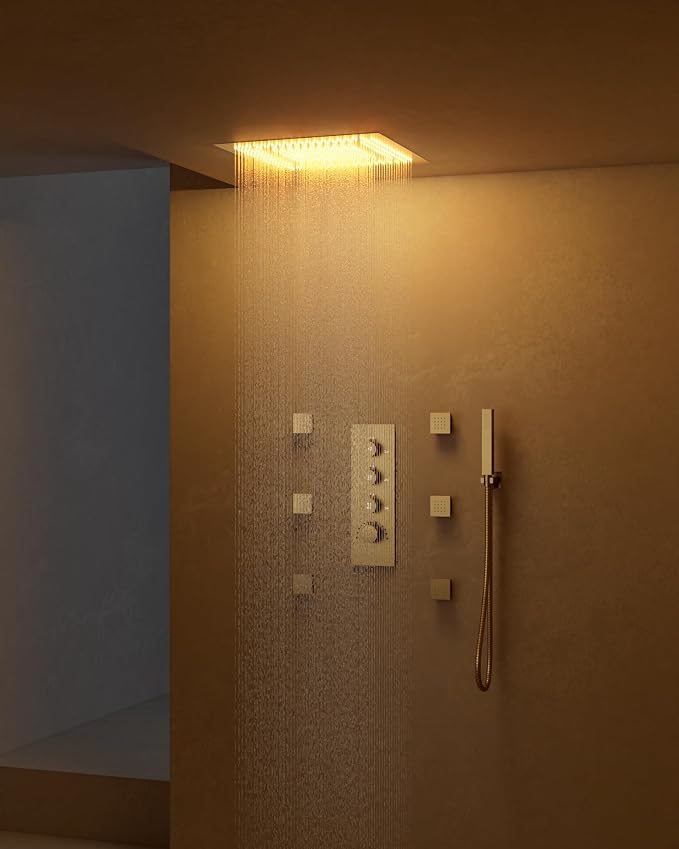 64 Color LED Mood Lighting Rainfall Shower System, 20" Ceiling Mount Bathroom Shower Faucet Set (Brushed Gold)
