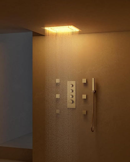 64 Color LED Mood Lighting Rainfall Shower System, 20" Ceiling Mount Bathroom Shower Faucet Set (Brushed Gold)