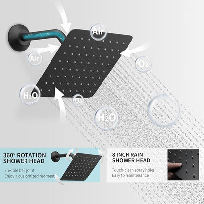 Matte Black Shower System Tempreature Display Shower Fuacet Set | 12 inch and 8 inch Full Body Shower Head, with 6 PCS Body Jet and Handheld Spray