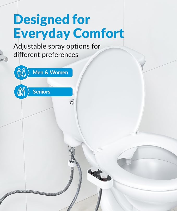 CLEAR REAR Bidet Attachment for Toilet Seat - Non-Electric with Self Cleaning Dual Nozzles, Leak Proof Connectors, Adjustable Water Spray, Rear & Feminine Wash - Hygienic Bathroom Upgrades