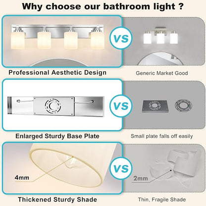 Modern Bathroom Lighting Fixtures Over Mirror, Vanity Lights for Bathroom, Wall Sconces with Milky White Glass Shades, E26 Ceramic Socket, 4-Light 27.5-inch Chrome