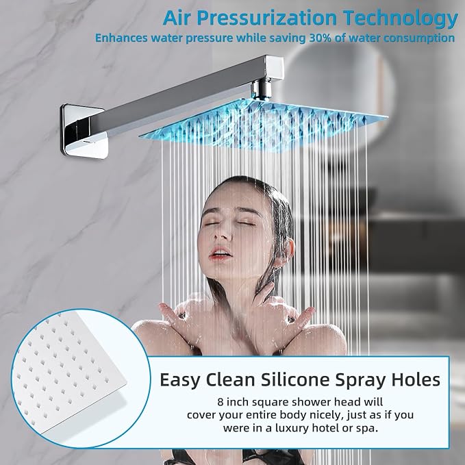 Chrome Shower Faucet Set with Tub Spout 8 Inch Rain Shower | Shower Head and Handle Set, Tub and Shower Faucet Combo Handheld Shower System Square Wall Mount for Bathroom