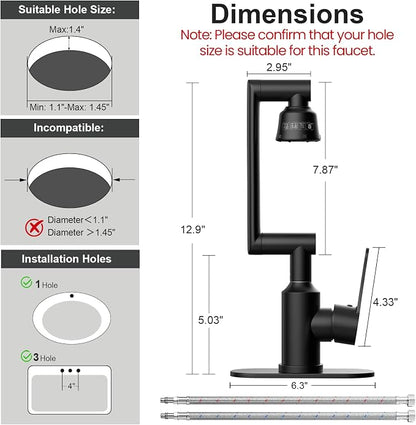 Stainless Steel Bathroom Sink Faucet, 1080° Rotatable, Matte Black | Fit 1 Hole Sink, 4 Water Outlet Modes, Three-stage Rotating Design, Flexible Adjustment, Anti-Rust, No Leakage, Single Handle