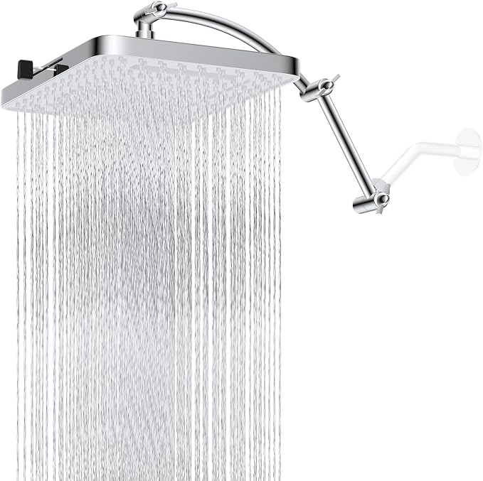 Hibbent Rain Shower Head, 13'' High Pressure Rainfall Square 5 Spray Mode Showerhead with 16" Shower Head Extension Arm, Solid Brass Adjustable Shower Arm Extender, Waterfall fixed Showerheads, Silver