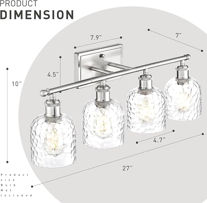zeyu 27 Inch 4-Light Bathroom Wall Light, Brushed Nickel, ZJF63B-4W BN | Clear Hammered Glass Shade, Over Mirror Vanity Light, Modern Bathroom Lighting