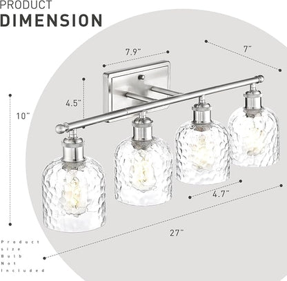 zeyu 27 Inch 4-Light Bathroom Wall Light, Brushed Nickel, ZJF63B-4W BN | Clear Hammered Glass Shade, Over Mirror Vanity Light, Modern Bathroom Lighting