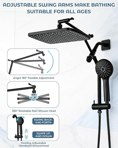 Shower Head with Handheld,High Pressure Black Slide Bar Shower Head | Regaderas Para Shower,11.8" Rectangular,Shower Head,Dual Shower Head,Bathroom Decor,Extension Arm,5 Spray Mode