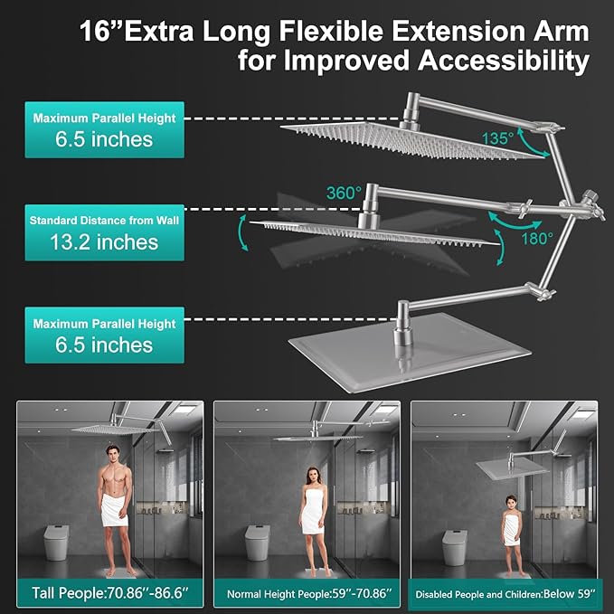 All Metal 12 Inch Rain Shower Head with Handheld Spray Combo, High Pressure Waterfall Rainfall Square Shower Heads with 16" Adjustable Extension Arm, Dual Showerhead with 3-Way Diverter,Brushed Nickel