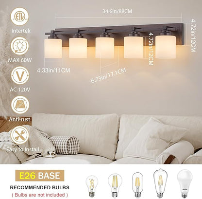 5 Light Modern Bathroom Light Fixtures Over Mirror, Bronze Finish Vanity Lights for Bathroom Wall Sconces with Milky White Glass Shades, E26 Socket (Bulbs Not Included)
