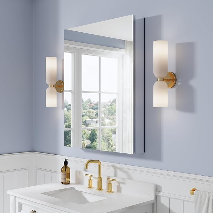 28" x 36" Bathroom Medicine Cabinet with Mirror, Anodized Chrome Aluminum Frame, Surface Mount or Recessed Medicine Cabinet with Mirror, Bathroom Mirror with Storage, Double Doors