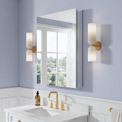 28" x 36" Bathroom Medicine Cabinet with Mirror, Anodized Chrome Aluminum Frame, Surface Mount or Recessed Medicine Cabinet with Mirror, Bathroom Mirror with Storage, Double Doors