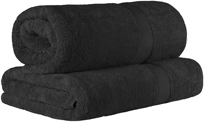 SUPERIOR Egyptian Cotton Pile Heavyweight Bath Sheet, 2 Piece Set, Black | Highly Absorbent, Ultra Soft Luxury 800 GSM Towel Set for Bathroom, Shower, Hotel Essentials Oversize Plush Madeline Towels