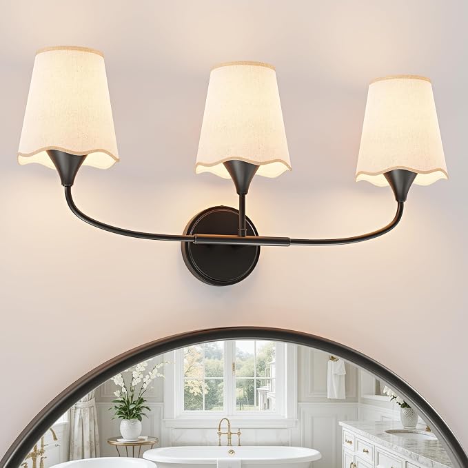 Morauroral Bathroom Light Fixtures Over Mirror, 3 Light Vanity Light for Bathroom, Black Vanity Light Fixtures with Fabric Linen Shade, E26 Socket Sconce Wall Decor(ETL Listed)