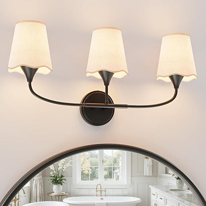 Morauroral Bathroom Light Fixtures Over Mirror, 3 Light Vanity Light for Bathroom, Black Vanity Light Fixtures with Fabric Linen Shade, E26 Socket Sconce Wall Decor(ETL Listed)