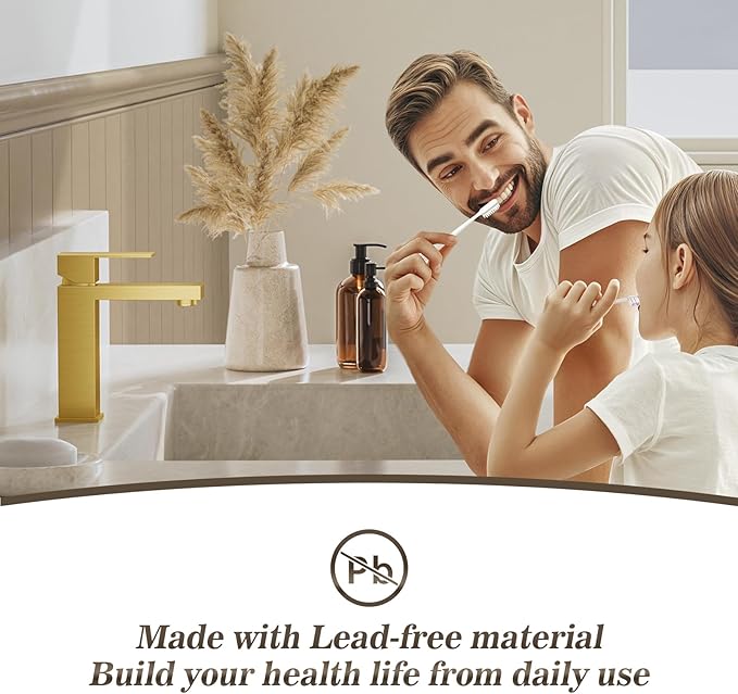 Phiestina Single Hole Brushed Gold Square Single Handle Bathroom Vanity Faucet with Metal pop up Drain with Deck Plate, Overflow & Water Supply line,BF3530-BG