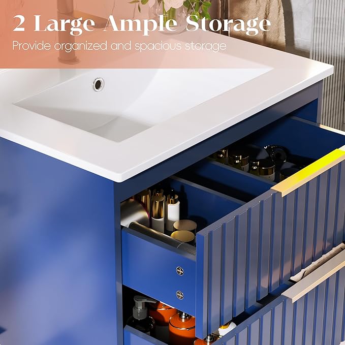 24" Bathroom Vanity with Sink, Floating Vanity Bathroom Sink Cabinet Wall Mount, Soft-Close Function 2 Large Drawers, Grooved Stripe Design, Hidden Damping Drawers, Blue