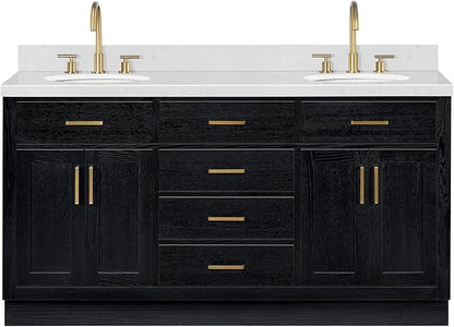 ARIEL Hepburn 66-inch Bathroom Vanity with Sink,Solid Wood, 1.5-inch Carrara White Quartz Countertop & Backsplash, Double Oval Porcelain Sink, 4 Soft Closing Doors, 6 Dovetail Drawers, Black Oak
