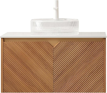 Floating Bathroom Vanity with Sink, 30 Inch Fluted Vanity with Vessel Sink, Modern Bathroom Vanity Cabinet with 2 Doors, Glass Vessel Ceramic Sink & Sintered Stone Top, Oak