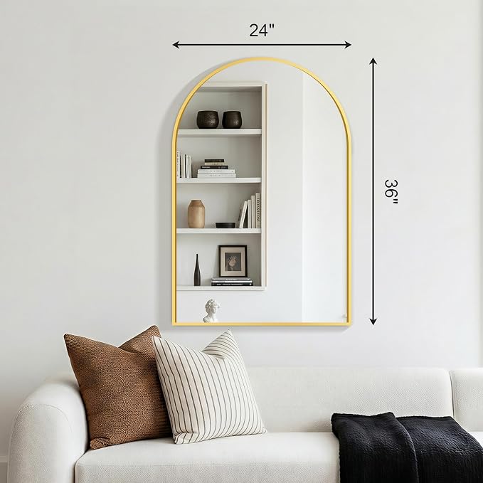 FGU Arched Bathroom Mirror for Over Sink 36"x24" Gold Vanity Mirror | Wall Mounted, HD Tempered Shatter-Proof Glass, Rust-proof Arched Metal Frame, Arch Mirror for Bedroom, Living Room, Entryway