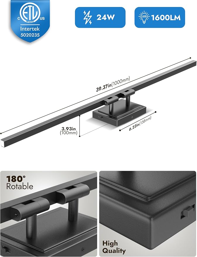 39.4 Inch Modern Bathroom Light Fixture, 24W 5CCT Dimmable LED Black Bathroom Vanity Lights Over Mirror, Vanity Lights for Bathrooms Restroom Mirror- ETL Certified
