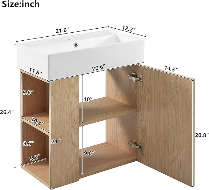 Harper & Bright Designs 21.6" Bathroom Vanity with Sink, Wall-Mounted Single Basin Vanity Set with Cabinet & Two-Tier Left Side Storage Shelf, Storage Cabinet with Ceramic Basin for Bathroom, Wood