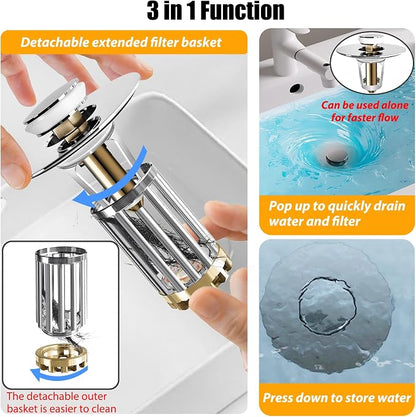 Anlige Bathroom Sink Drain Strainer, 2PCS 3 in 1 Pop Up Bathroom Sink Stopper with Removable Brass Basket Hair Catcher, Universal Sink Plug for 1.06 to 1.6in Drain Hole, Chrome Silver