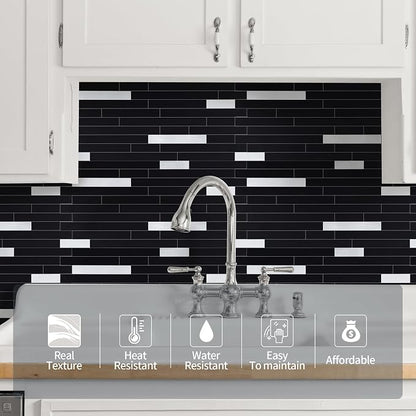 Yipscazo 5 Sheets Peel and Stick Stone Metal Tile Backsplash, Stick on Tiles for Backsplash Kitchen, Bathroom, Laundry Room, Camper, Fireplace (12'' X 12'', Polished Pure Black)