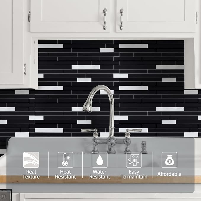 Yipscazo 1 Sheet Peel and Stick Stone Metal Tile Backsplash, Stick on Tiles for Backsplash Kitchen, Bathroom, Laundry Room, Camper, Fireplace (12'' X 12'', Polished Pure Black)