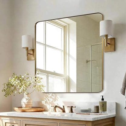 Square Wall Mirror for Bathroom, 24”x24” Brushed Gold Bathroom Mirror, Rounded Corner Metal Mirror in Premium Stainless Steel Frame Hangs Horizontal Or Vertical（No Rose Gold）