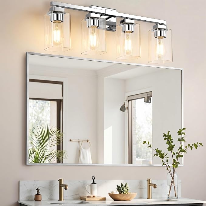 27” Bathroom Light Fixtures, 4-Light Vanity Light Chrome | Square Clear Glass & Durable Metal, Quick & Easy Installation, Standard E26 Socket, Bright Bathroom Lighting