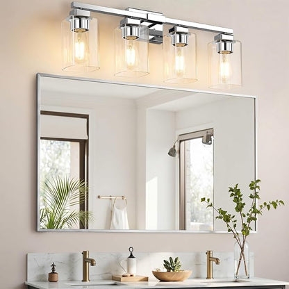 27” Bathroom Light Fixtures, 4-Light Vanity Light Chrome | Square Clear Glass & Durable Metal, Quick & Easy Installation, Standard E26 Socket, Bright Bathroom Lighting