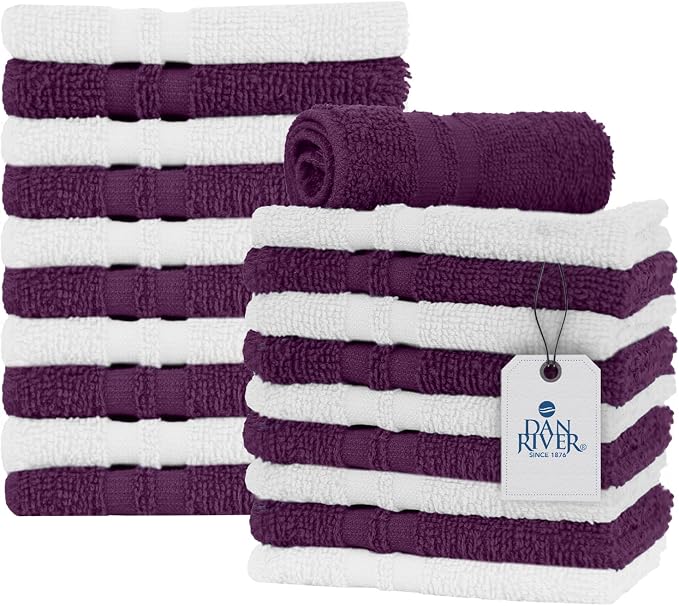 DAN RIVER 100% Cotton Washcloths 20 Pack Premium Quality Face and Body Cloth, Quick Dry Essential Towels for Bathroom, Hand, Kitchen & Cleaning, Baby Washcloths | 11X11 in|400 GSM|Purple Passion+White