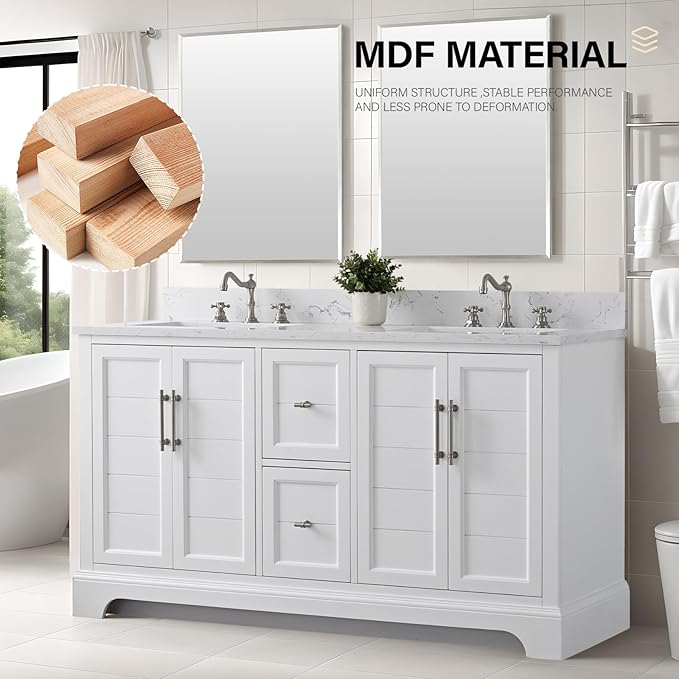 HOMEBEYOND 60 Inch Bathroom Vanity with Double Sink & Ceramic Top, Vanity Cabinet with Center Countertop Basin, Soft-Closing Doors, Backsplash,White
